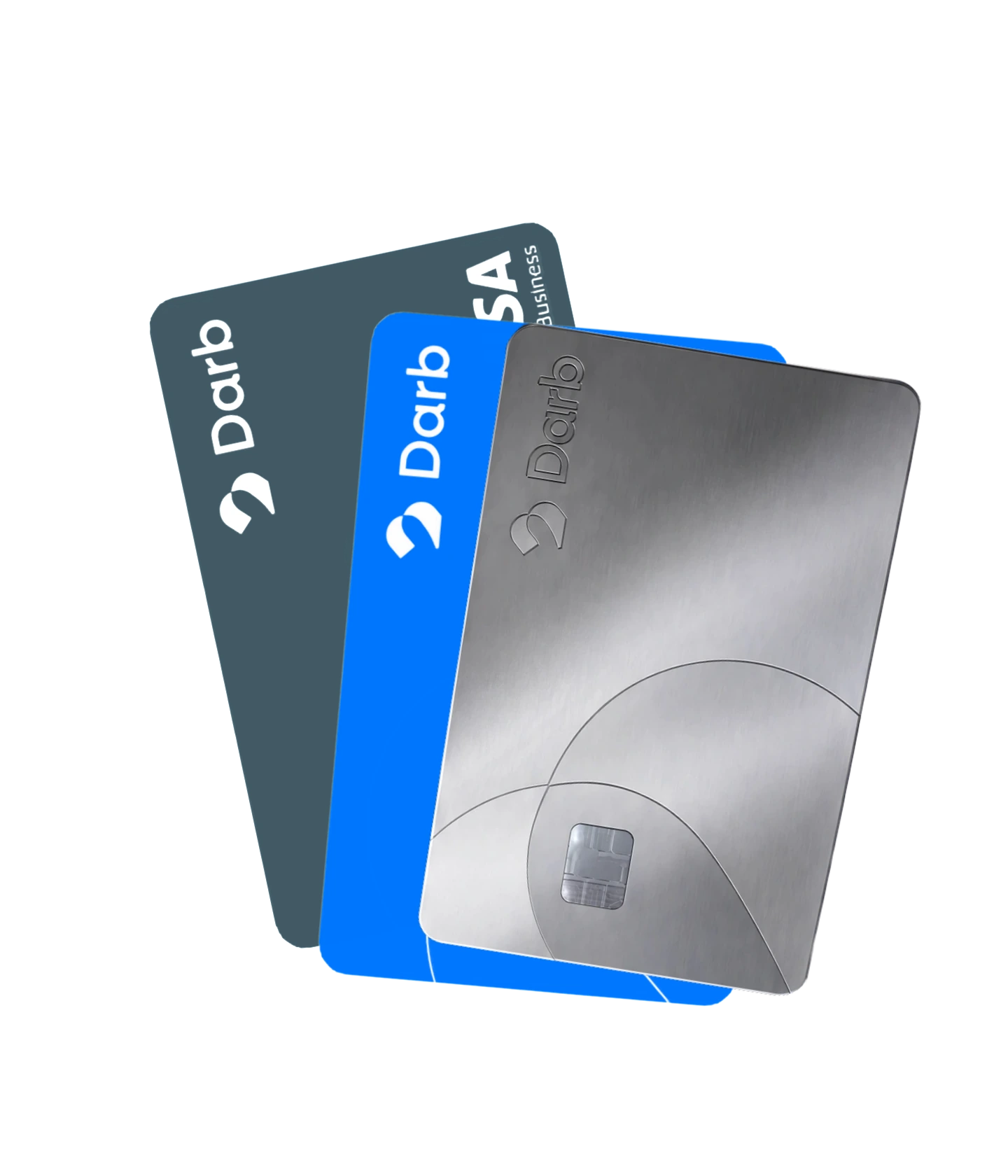 Three Darb corporate cards, with the metal card in front.
