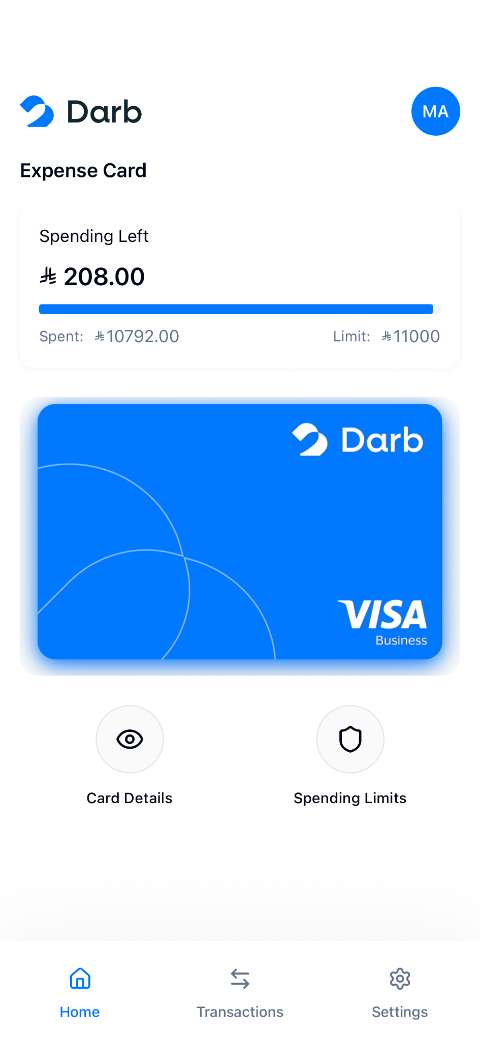Darb mobile app home screen showing the expense card, spending left and limits.