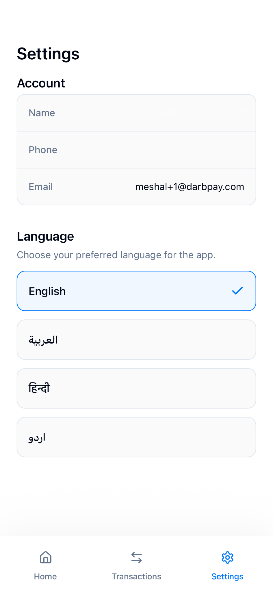Darb mobile app settings screen with account info and language options.