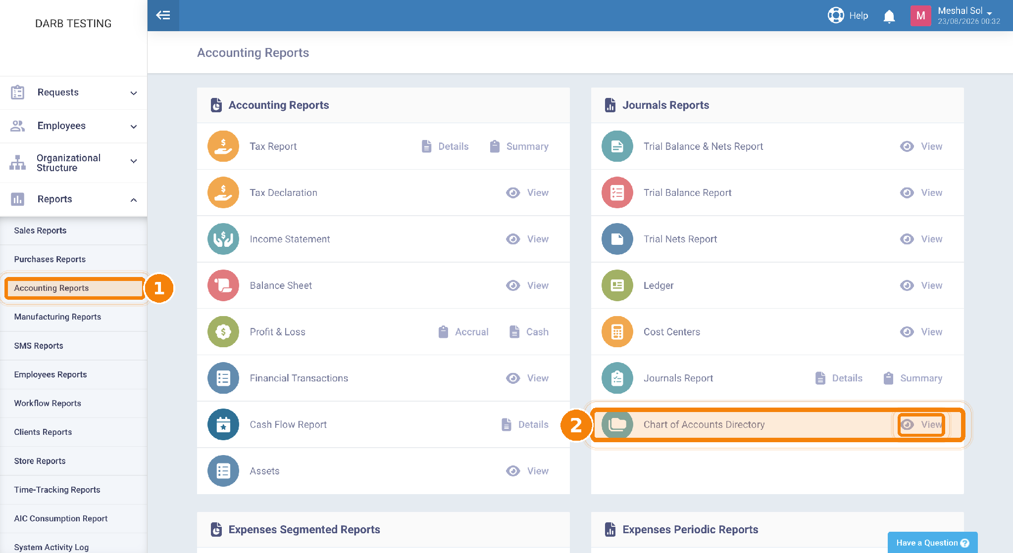 Daftra Accounting Reports screen highlighting Accounting Reports and the Chart of Accounts Directory.