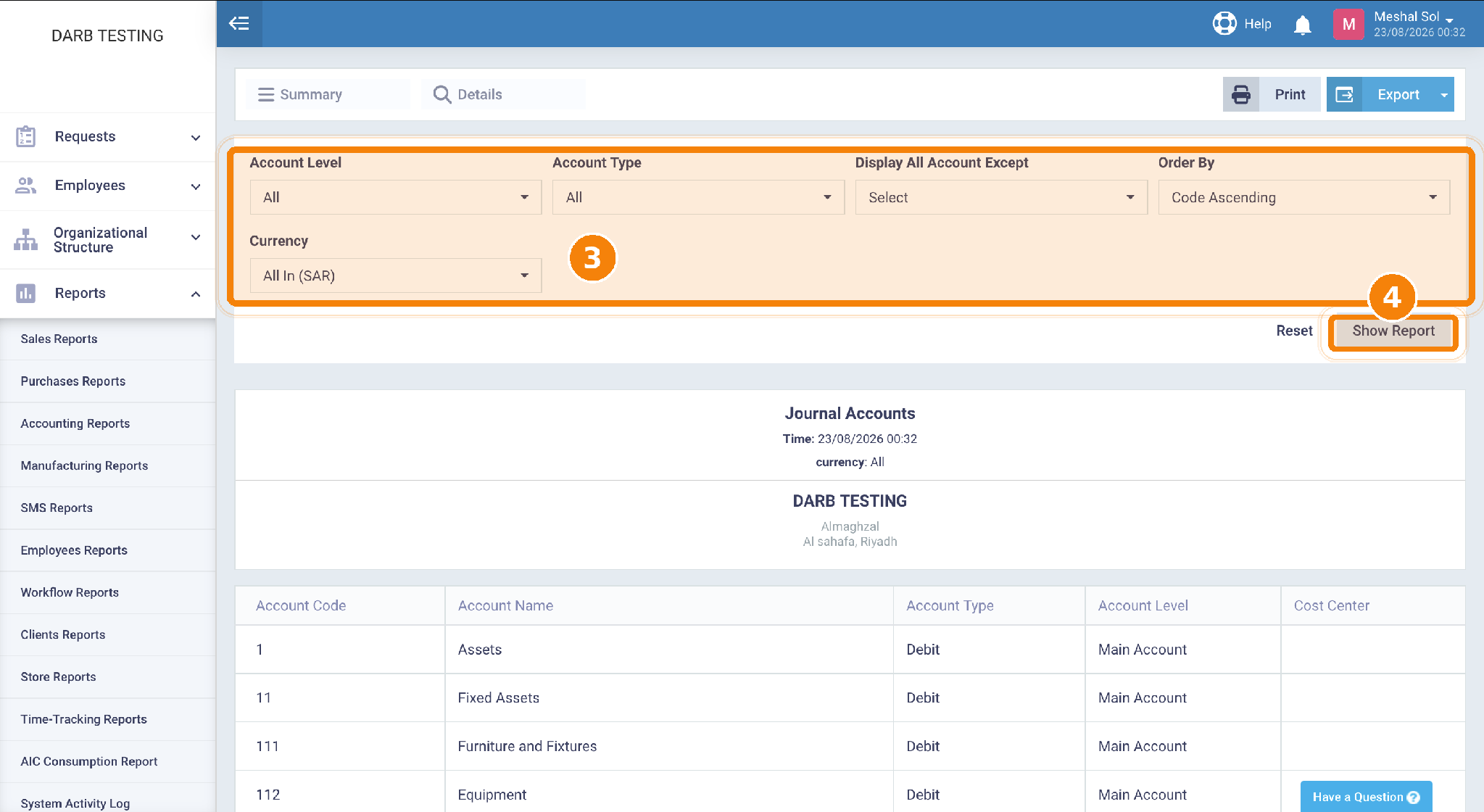Daftra Chart of Accounts report highlighting the account filters and Show Report button.