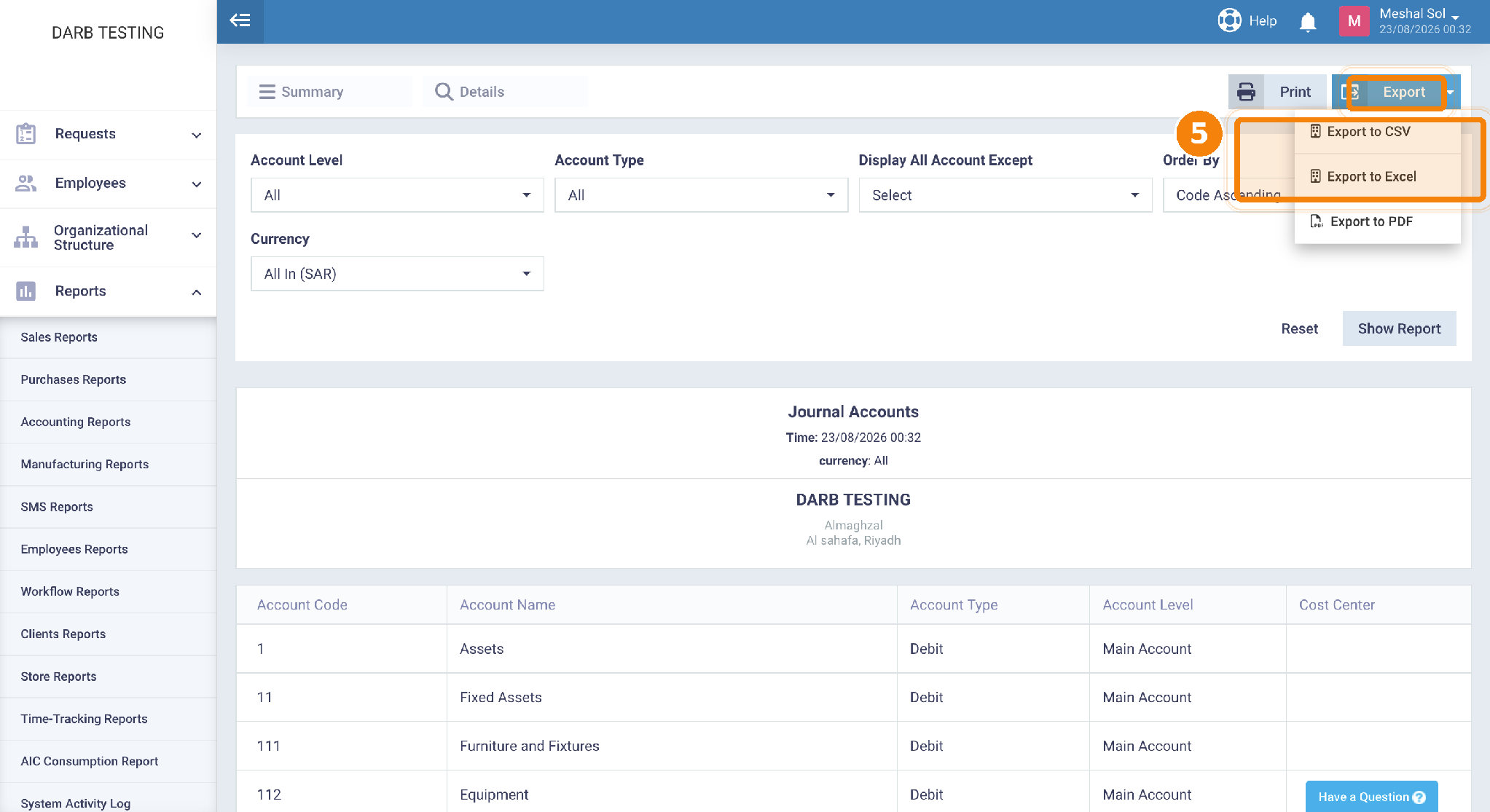 Daftra Chart of Accounts report highlighting the CSV and Excel export options.