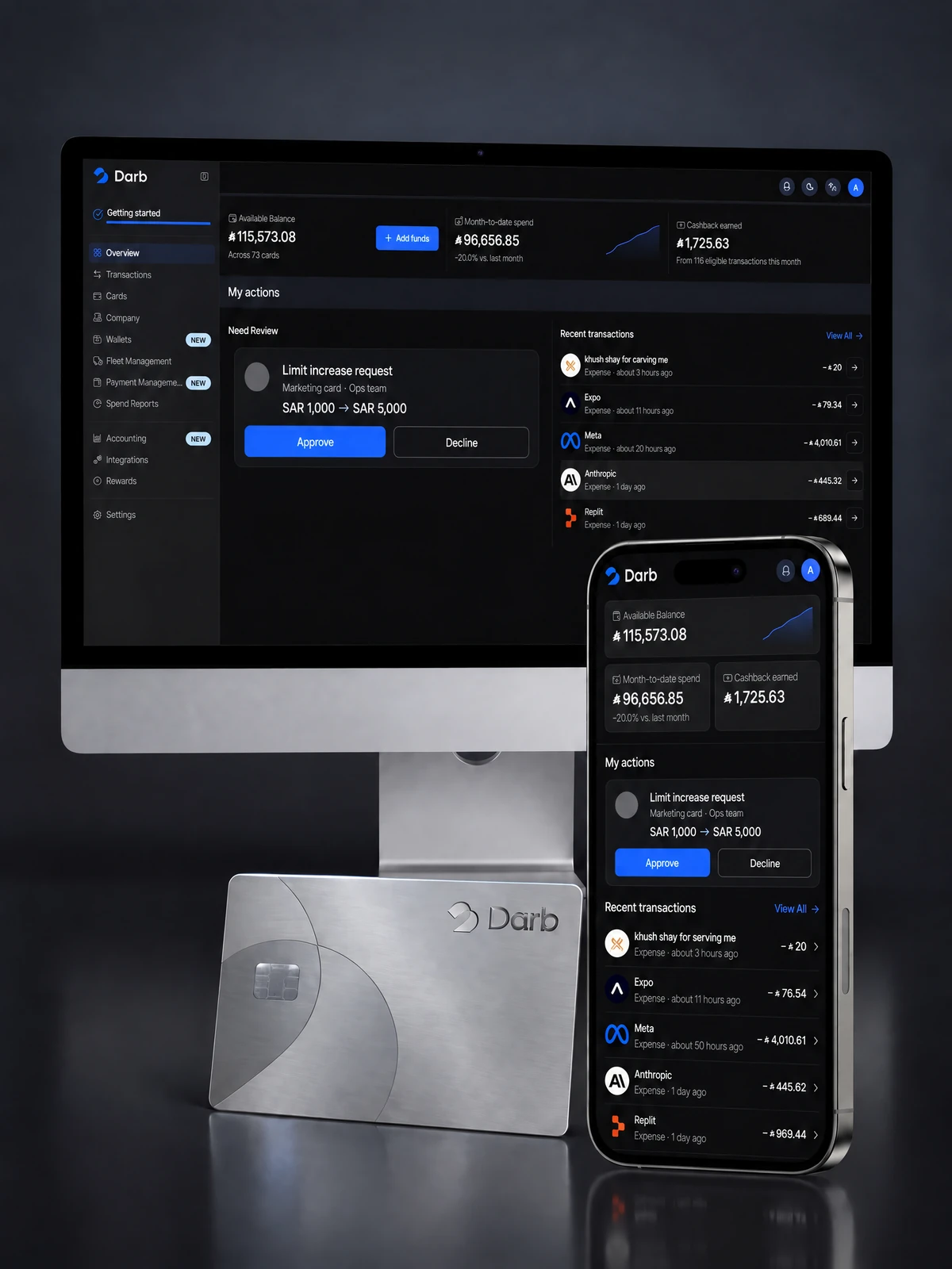Darb dashboard, approval request, Visa card and mobile app