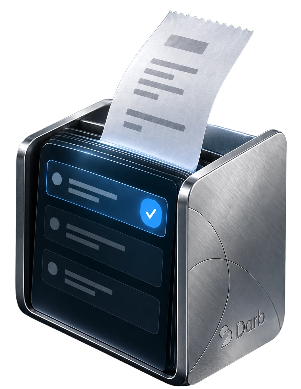 A silver Darb receipt-filing device with a printed receipt