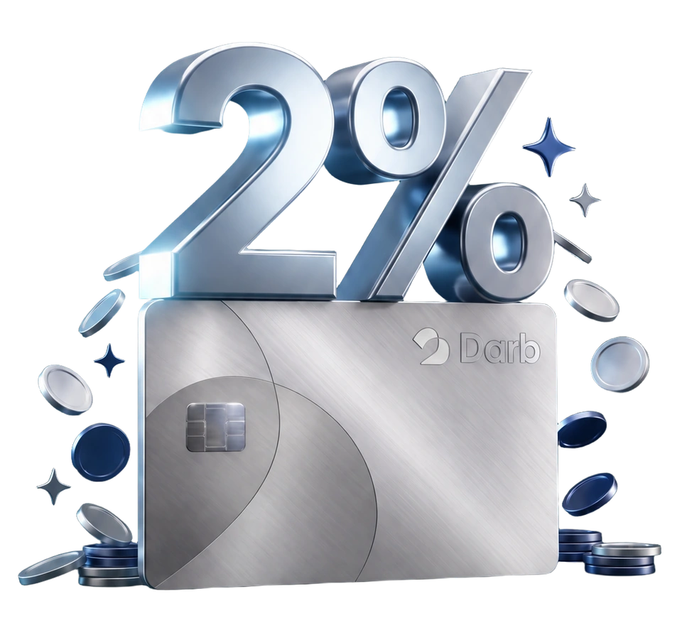 A metallic Darb card surrounded by coins and a large 2 percent reward mark