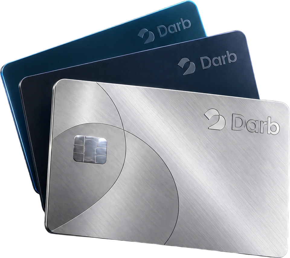 Three Darb corporate cards in silver and deep blue finishes