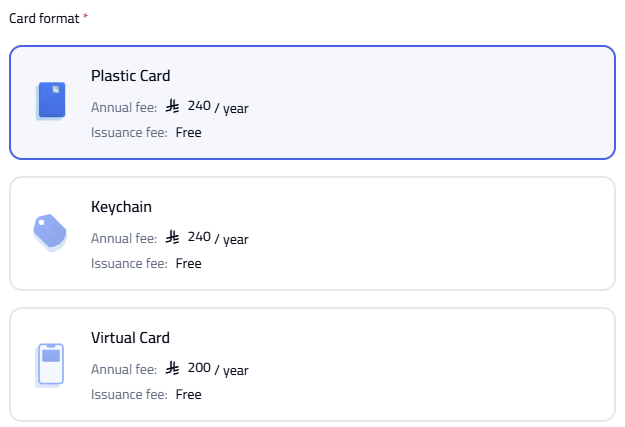 Card Format selection: Plastic, Keychain or Virtual.