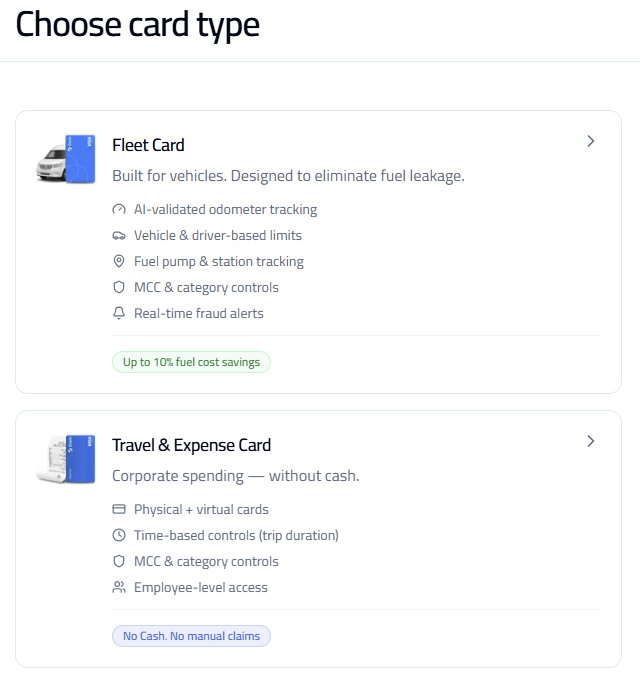 Select Product Type screen showing Fleet, Travel and Expense card options.