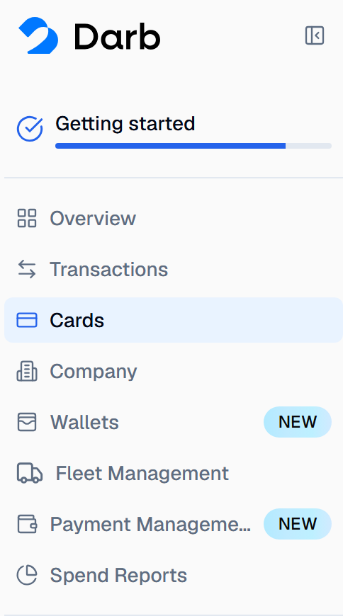 Cards selected in the English Darb dashboard side menu.