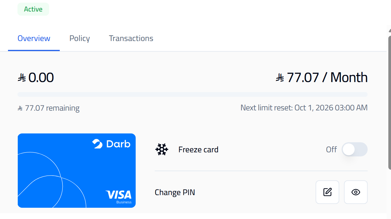 English card overview showing the Change PIN option and edit button.