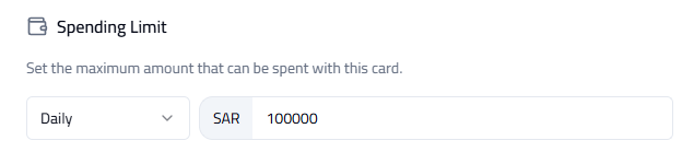 Card Limit configuration with daily / weekly / monthly options.