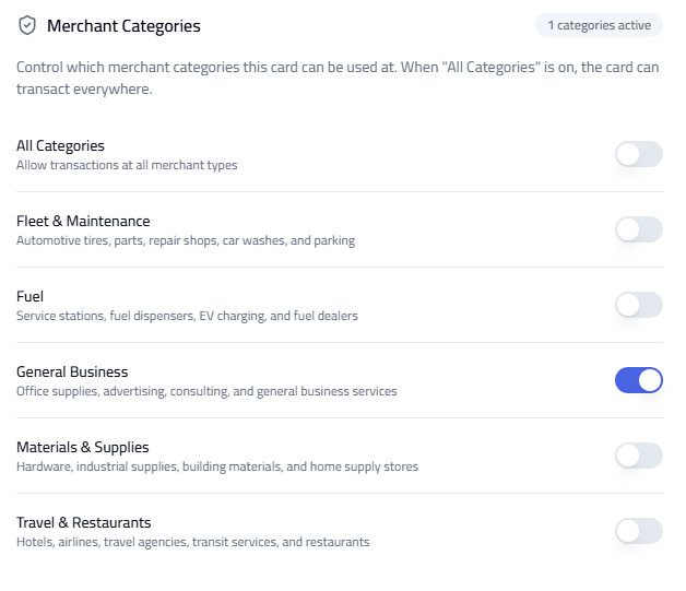Merchant category restriction options.