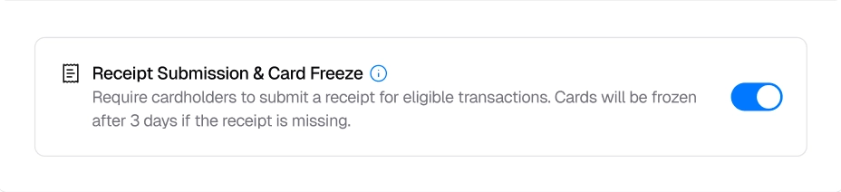Receipt Submission & Card Freeze setting enabled in the English card policy interface.