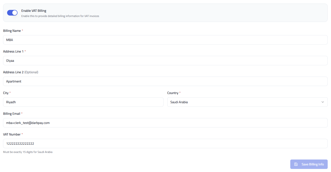 Billing settings form with VAT toggle, name, address and tax number fields.