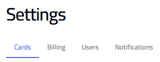 Settings sidebar with the Cards tab selected.