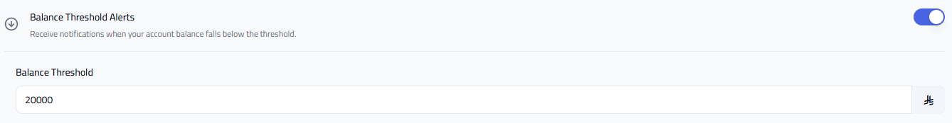 Balance threshold input field with currency selector.