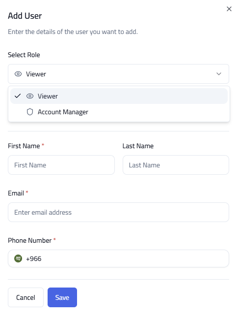Add User dialog with name, email, phone and role fields.