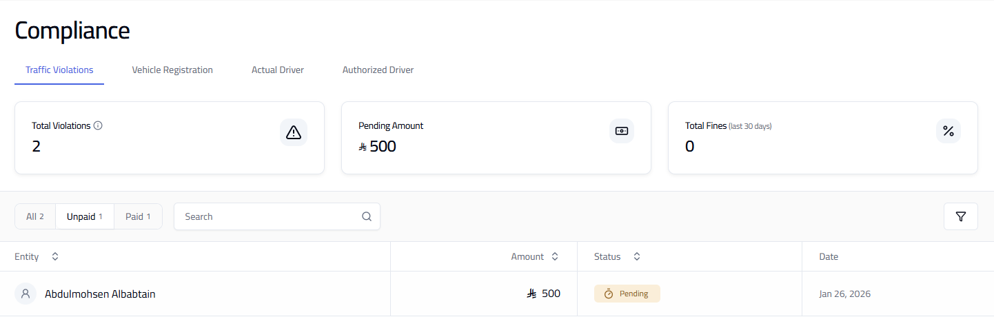 Traffic Violations page showing totals, pending amounts and violation list.