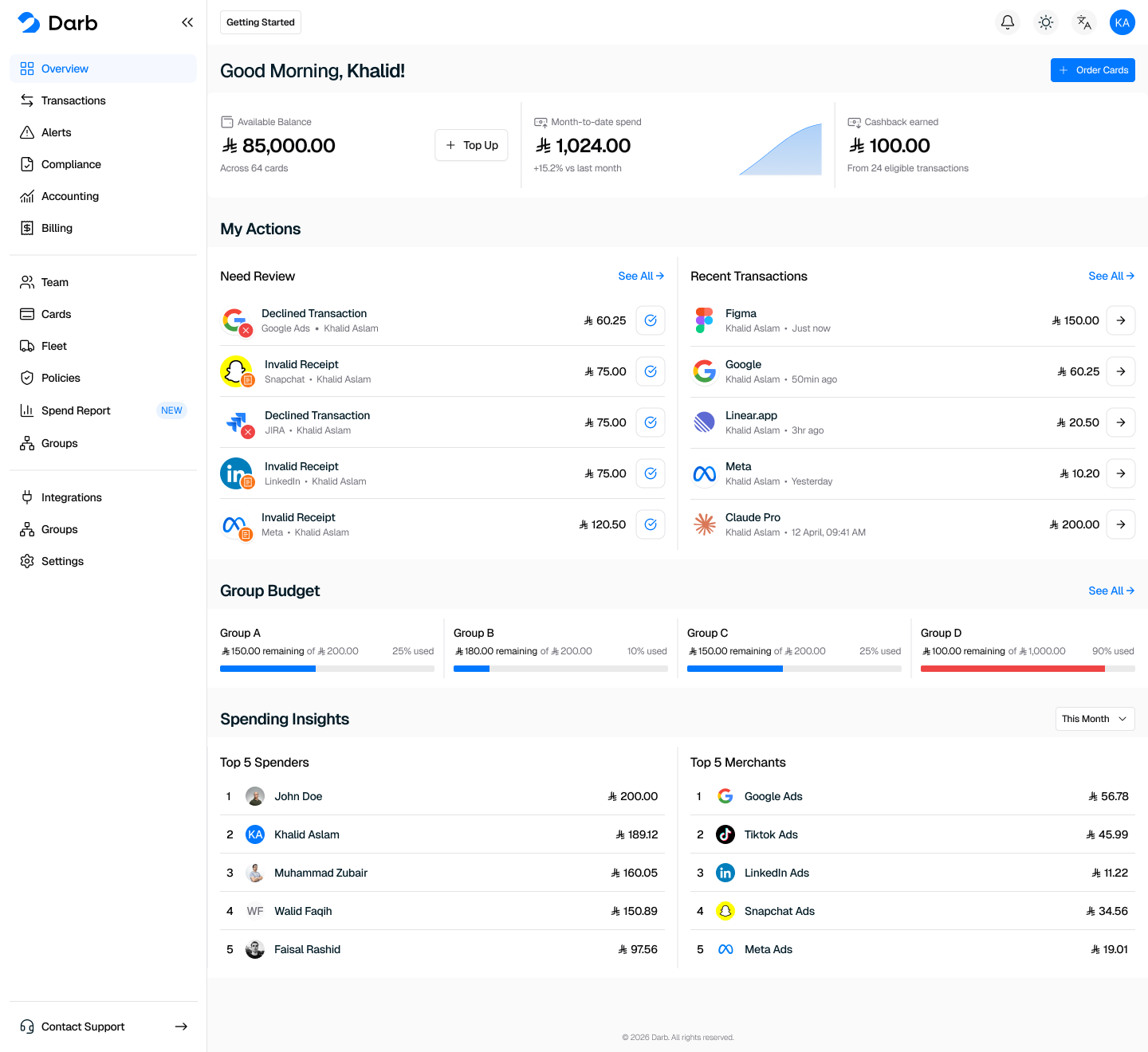 Darb dashboard showing balance, transactions, group budgets, and spending insights