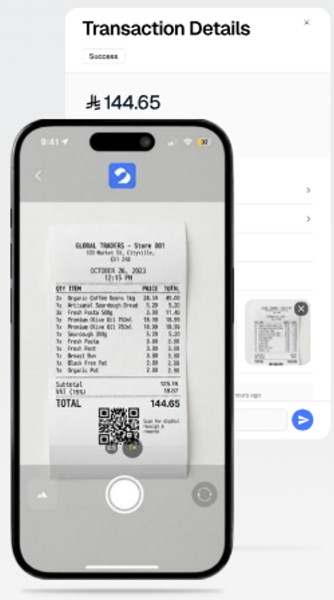 Darb app capturing a photo of a paper receipt to attach to a transaction's details.