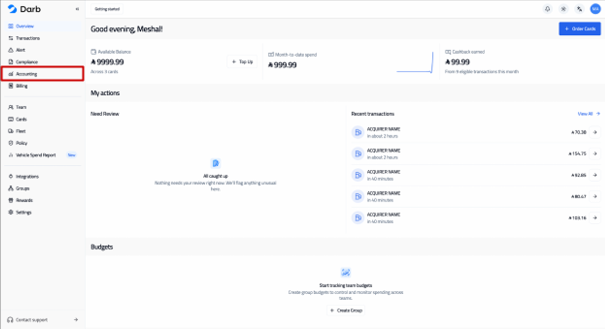 Darb portal dashboard with the Accounting section highlighted in the sidebar.