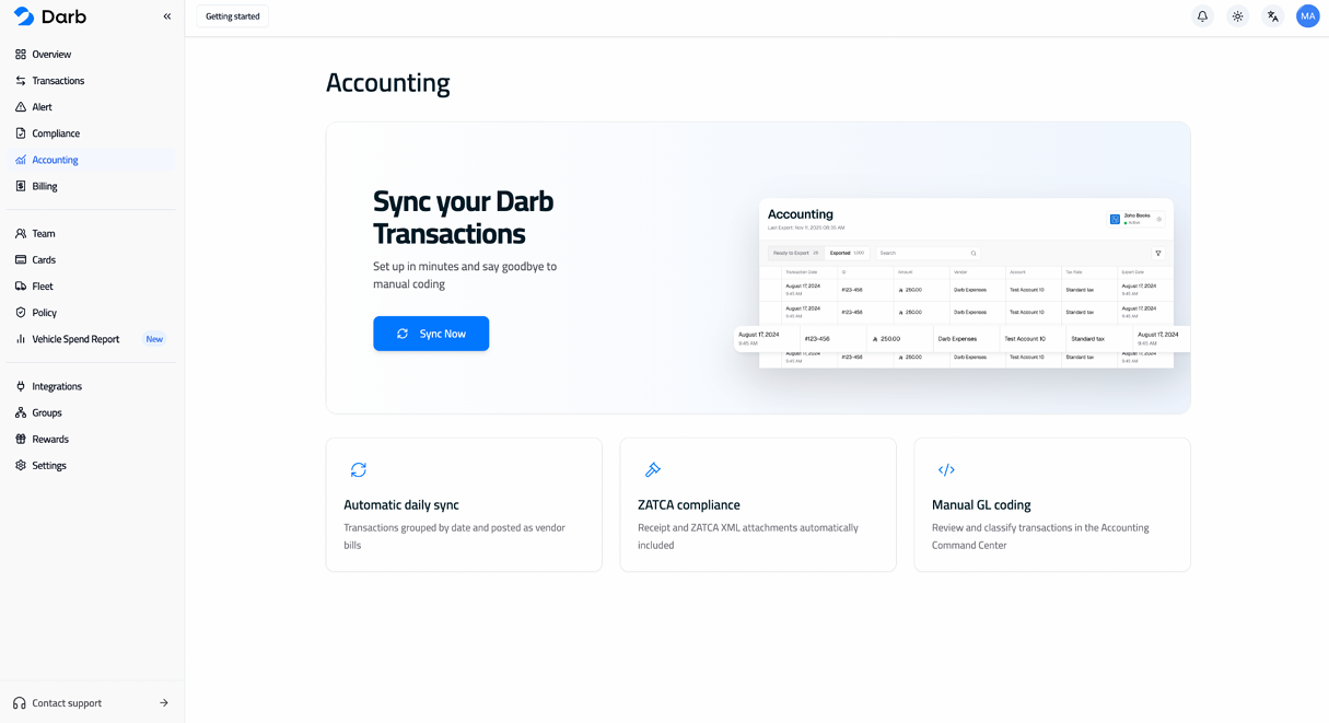 Darb Accounting page showing the Sync Now button.