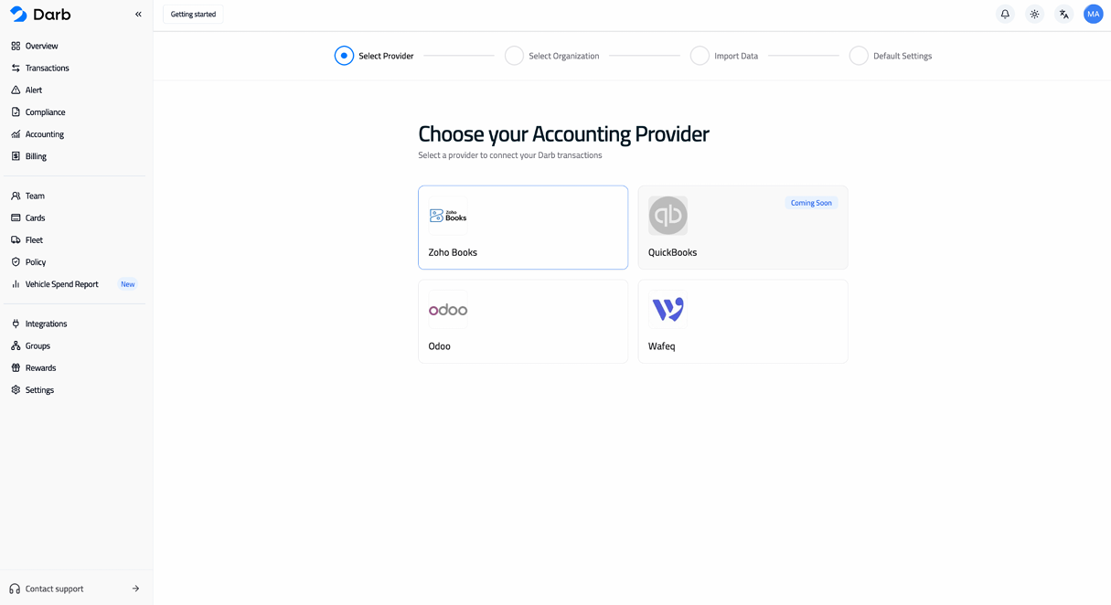 Choose your Accounting Provider screen with Zoho Books listed as an option.