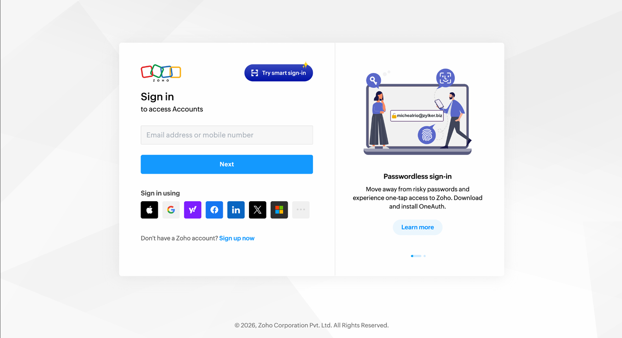 Zoho sign-in page for entering your account details.