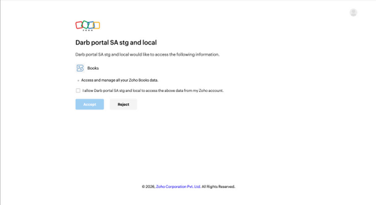 Darb portal SA stg and local authorization screen requesting access to your Zoho Books data.