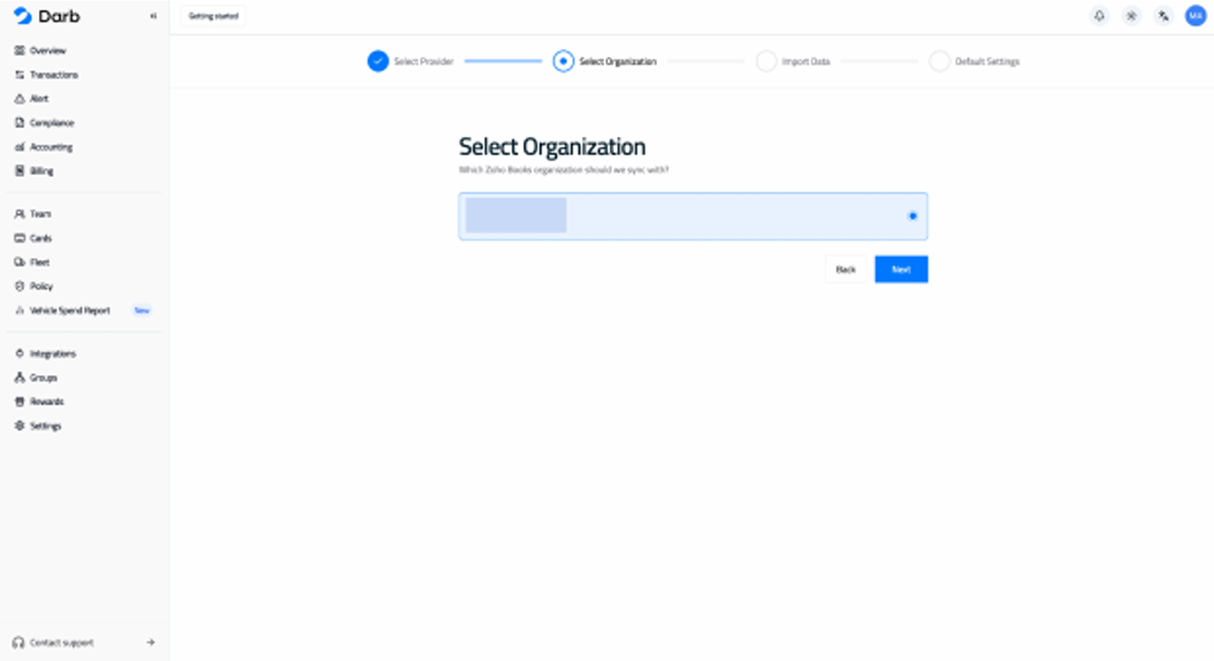 Select Organization screen asking which Zoho Books organization to sync with.