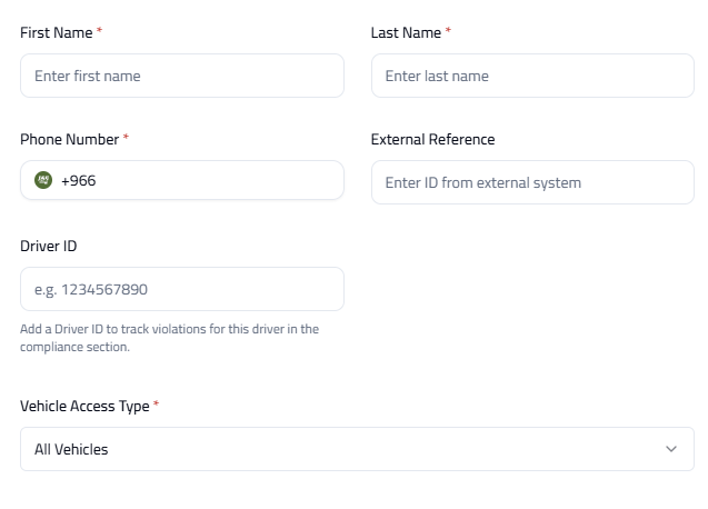 New team member form fields including First Name, Last Name, Phone Number, Driver ID and Vehicle Access Type.