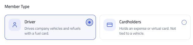 Member Type selector showing Driver and Cardholders options.