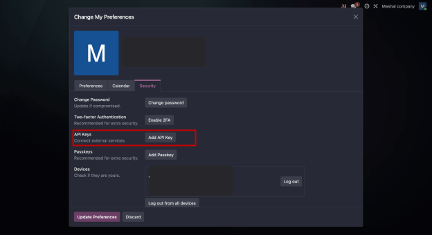 شاشة تفضيلاتي في Odoo على تبويب الأمان مع تمييز زر إنشاء مفتاح API.