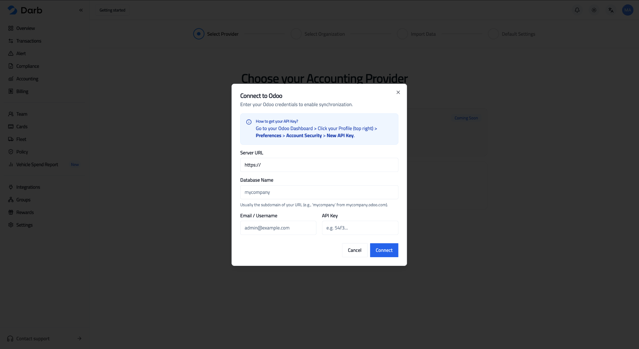 بطاقة الاتصال بـ Odoo تحتوي على حقول رابط الخادم واسم قاعدة البيانات والبريد الإلكتروني ومفتاح API.