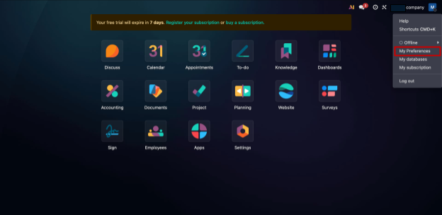لوحة تطبيقات Odoo مع فتح قائمة الحساب وتمييز My Preferences.