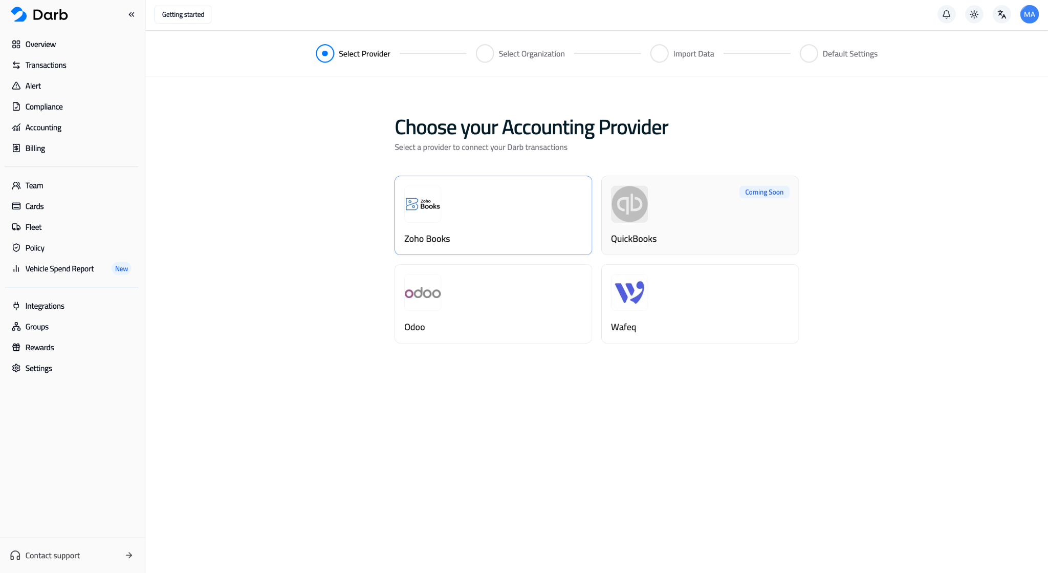 شاشة اختيار مزوّد المحاسبة مع ظهور Odoo كأحد الخيارات.
